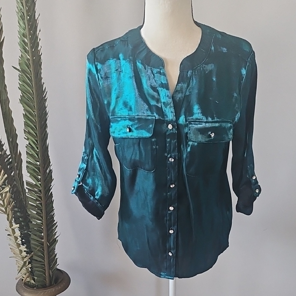 Elementz Iridescent Teal Rhinestone Button-Down Hi-Low Blouse
